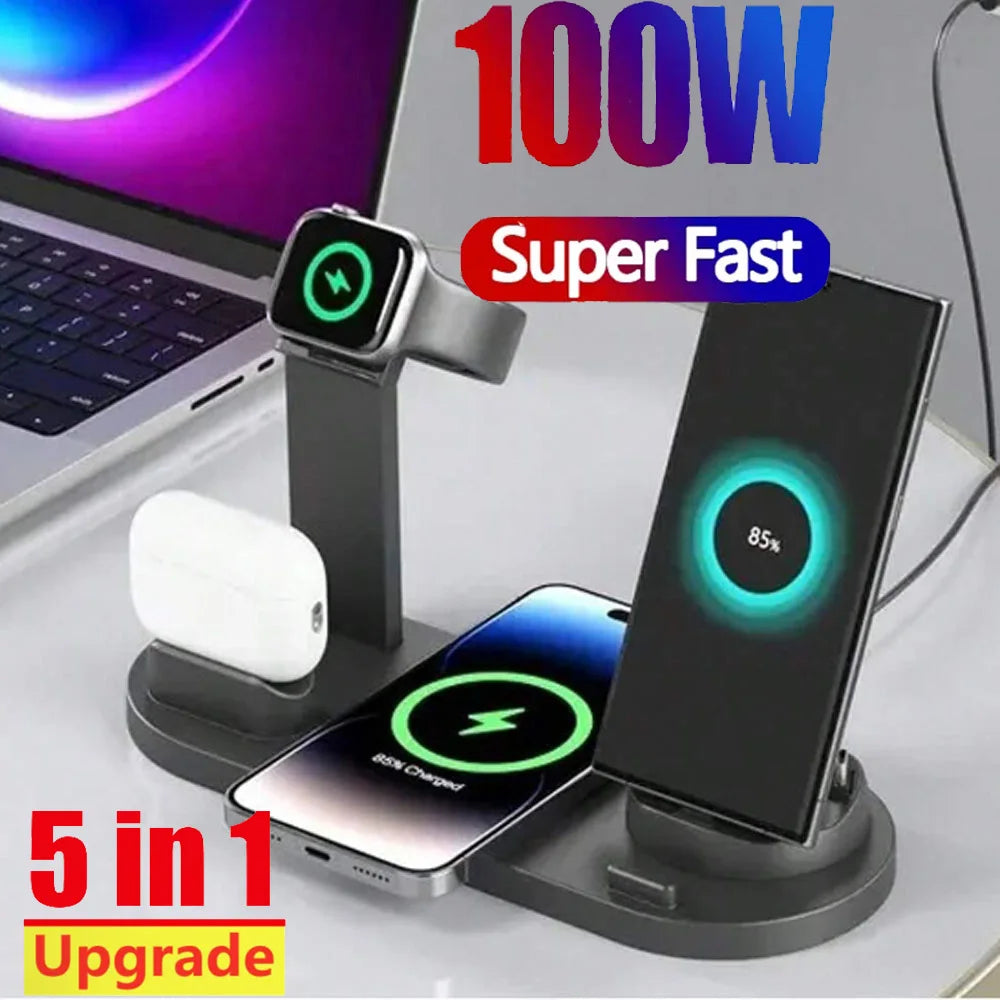 5 in 1 Universal Fast Charging Wireless Charger Stand Foldable Charging Station For Apple iWatch 8 7 Samsung Huawei IPhone 14 13