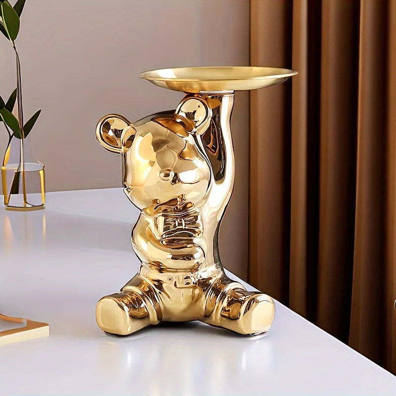 Abstract bear storage tray decoration, ceramic electroplated statue, storage tray for home living room, bookshelf, display rack