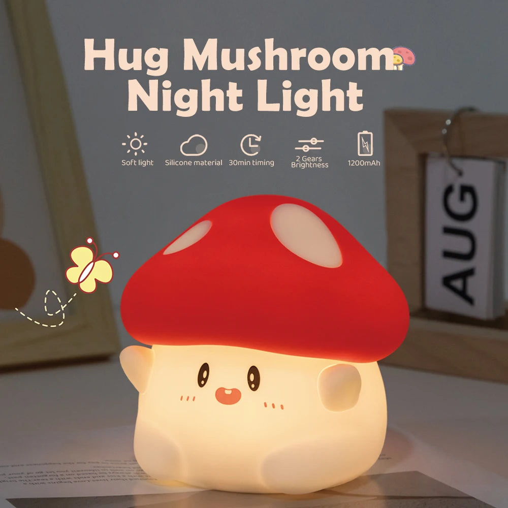 Cute Mushroom Night Light Timing Nursery Sleeping Nightlights 2 Level Brightness Rechargeable Bedside Touch Lamp For Baby Room