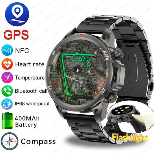 1.53 Inch AMOLED HD Screen Bluetooth Calling GPS Smart Watch Men's Military Sports Fitness Flashlight Smart Watch for Android IO