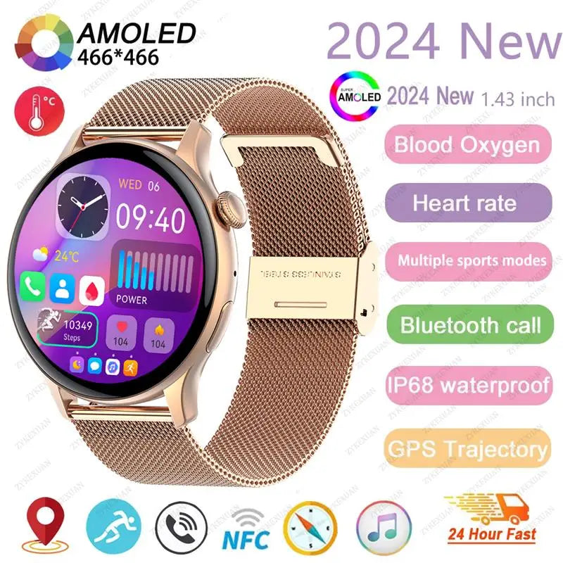 2024 New NFC Smart Watch Ladies 466*466 HD Screen Health Tracker Sports Voice Bluetooth Call Smartwatch Women For Huawei Xiaomi