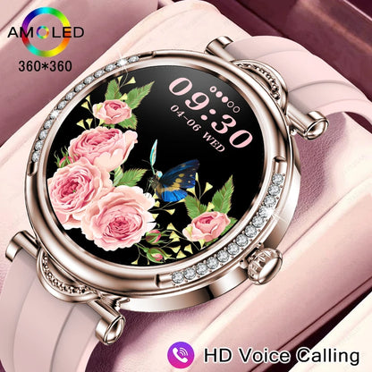 2024 New Fashion Women Bluetooth Call Smart Watch 1.27" AMOLED 360*360 HD Screen Sports Fitness Ladies Smartwatch Diamond Band