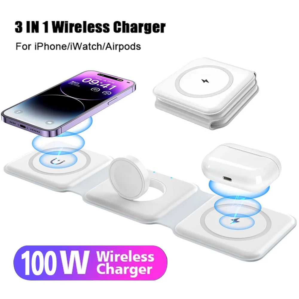 Magnetic Wireless Charger 3 in 1 for iPhone 15 14 13 12 11 Pro Max Apple Watch AirPods Fast Charging Dock Station Magsafe Type C