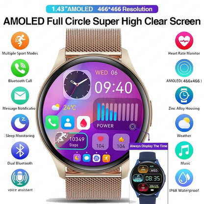 2024 New Bluetooth Call Smart Watch Women Men 1.43 inch AMOLED 466*466 Screen Heart Rate Sports Ladies Smartwatch For Xiaomi+Box