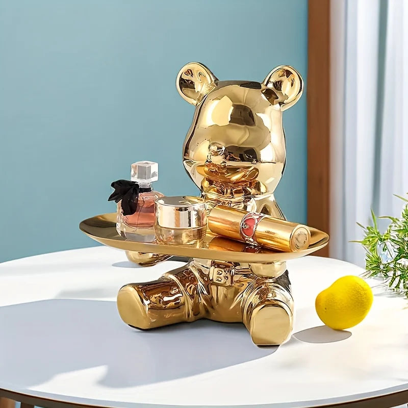 Abstract bear storage tray decoration, ceramic electroplated statue, storage tray for home living room, bookshelf, display rack