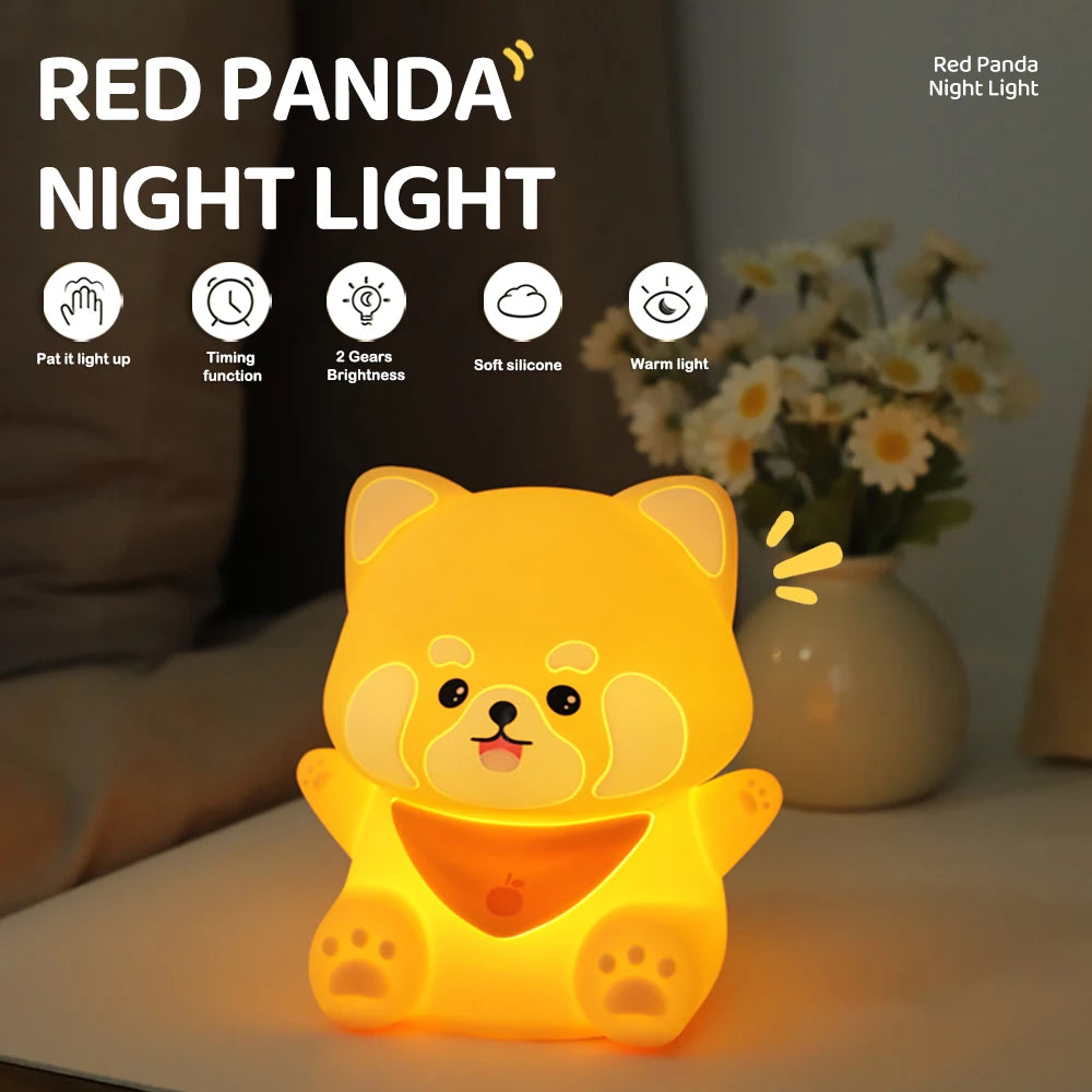 Cute Red Panda Night Light For Kids Warm Color Sleep Nightlight For Baby Nursery Rechargeable 2 Level Dimmable Tap Light