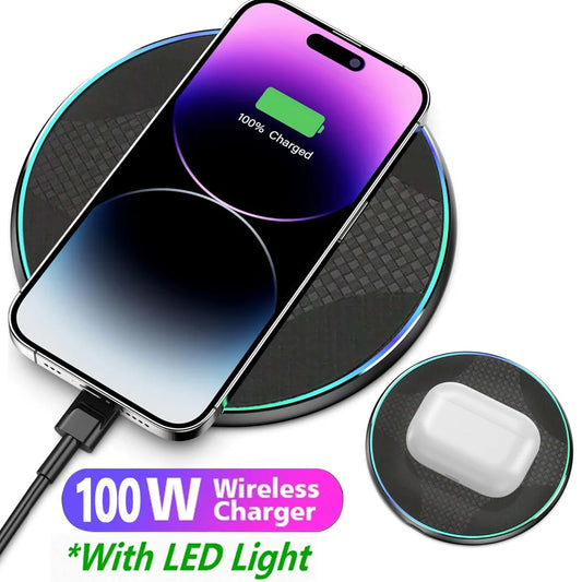 100W Wireless Charger For iPhone 15 14 13 12 11 Pro XS Max Mini X Induction Fast Wireless Charging Pad For Samsung Xiaomi Huawei