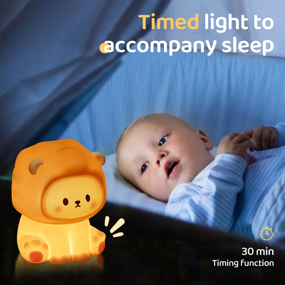 Kawaii Lion Night Light Rechargeable 3 Level Dimmable Silicone Sleeping Light Bedside Lamp Nursery Nightlights For Bedroom