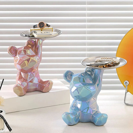 1 piece abstract ceramic electroplated bear statue with keys, cosmetic storage tray, and piggy bank bookshelf statue decoration.