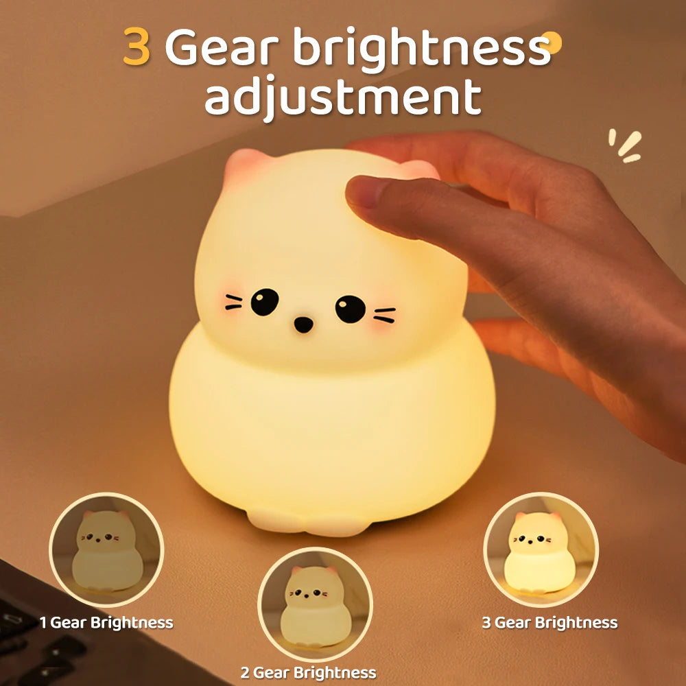 Cute Silicone Cat Night Light Dimmable Rechargeable Nursery Sleeping Light Kawaii Cordless Touch Light For Kids Room Decor