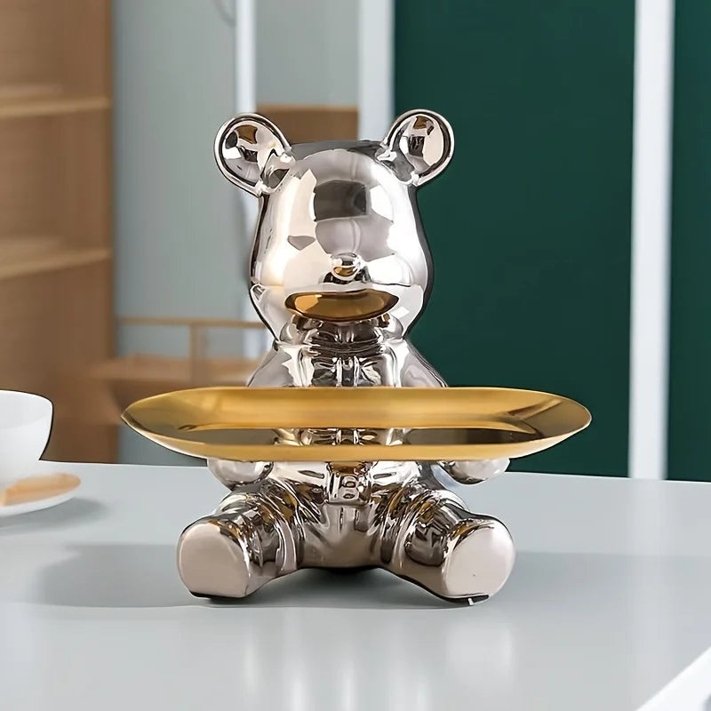 Abstract bear storage tray decoration, ceramic electroplated statue, storage tray for home living room, bookshelf, display rack