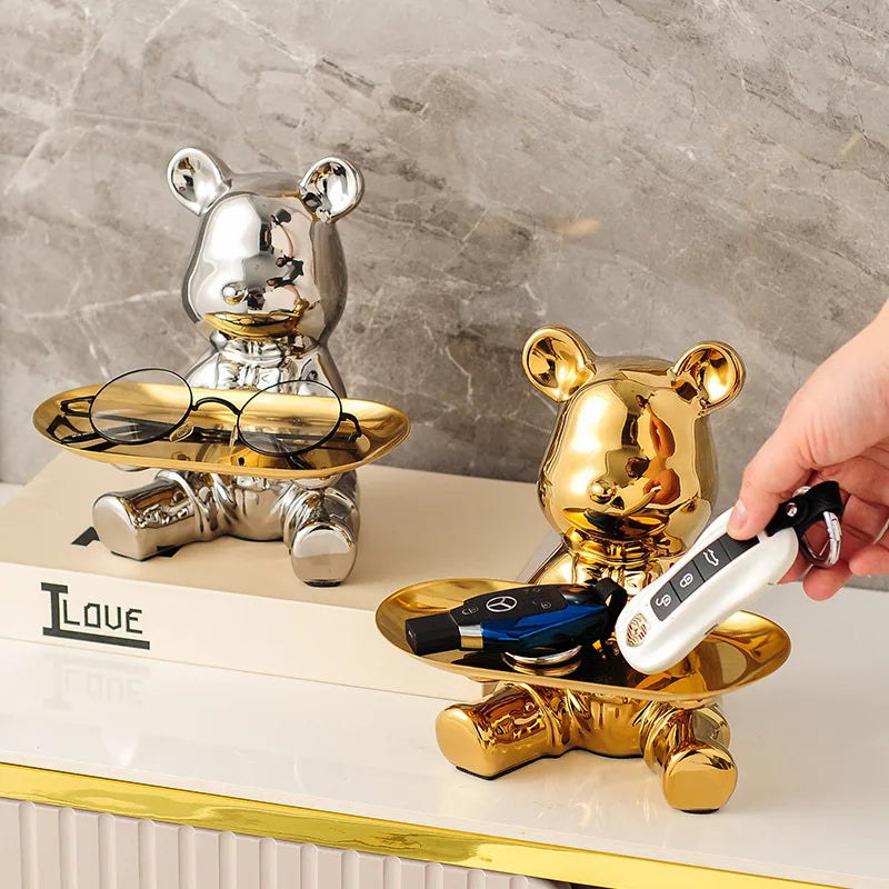 Abstract bear storage tray decoration, ceramic electroplated statue, storage tray for home living room, bookshelf, display rack